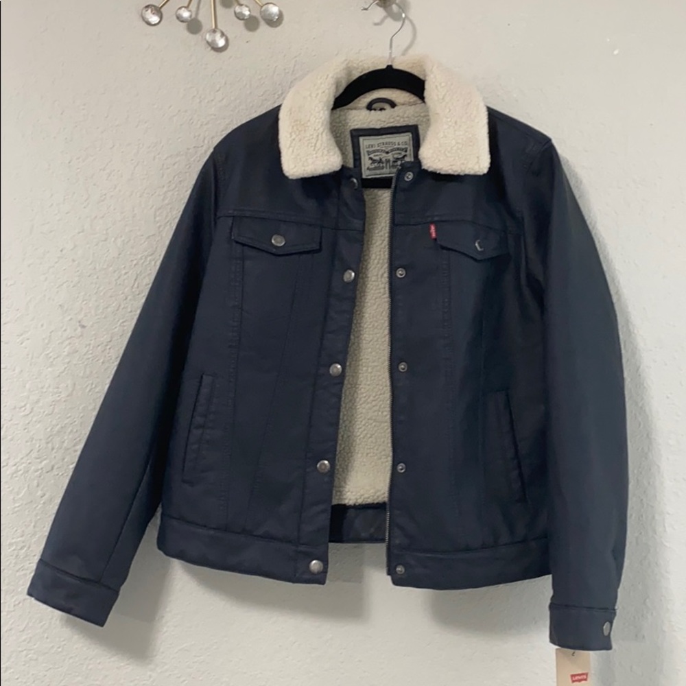 Navy blue vegan leather teddy fur lined zip jacket